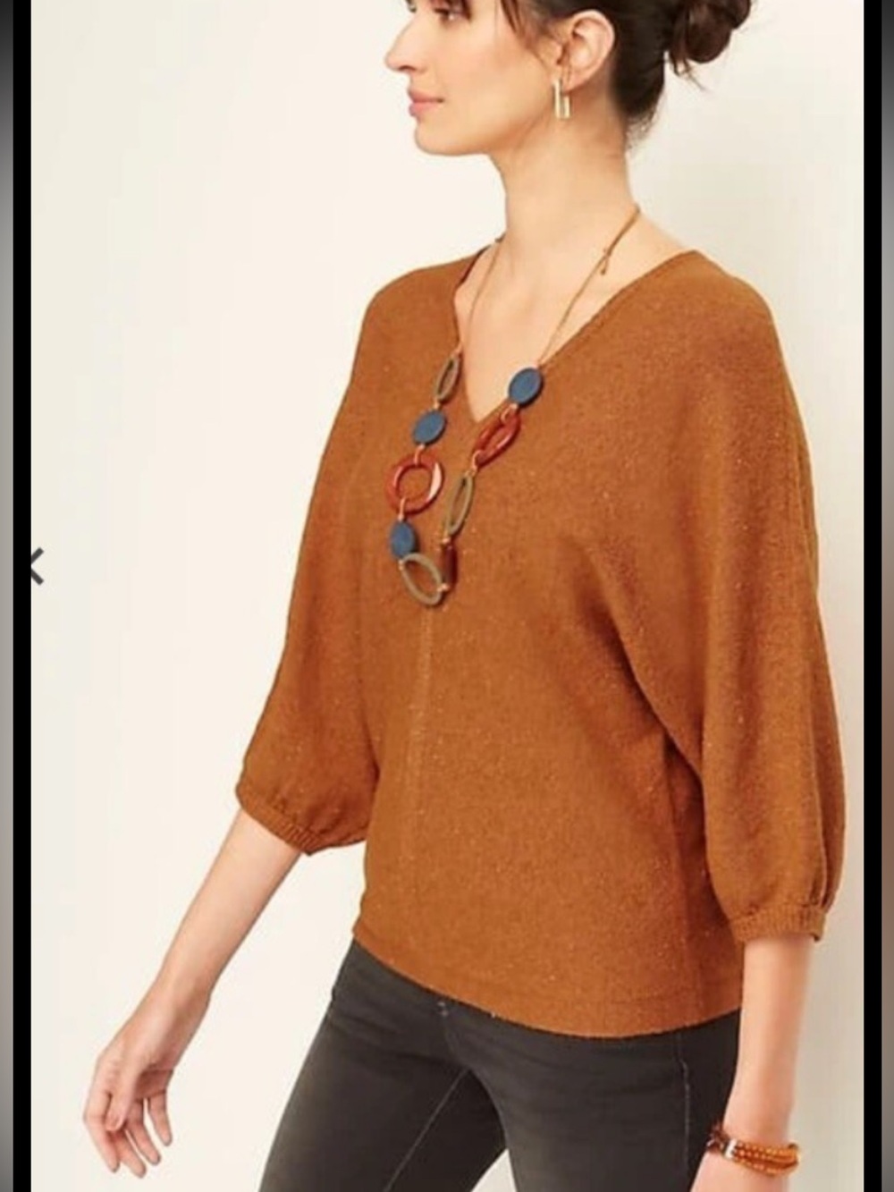 Pure Jill XL double V-Neck Balloon Sleeve tweed tunic Sweater Rust Brown